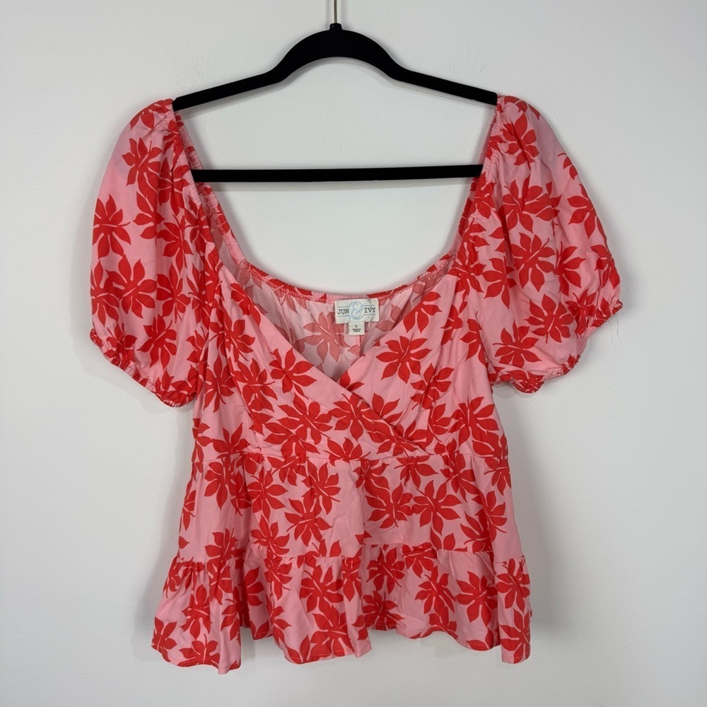 Jun & Ivy Pink & Red V Neck Faux Wrap Cropped Short Sleeve Summer Top Beach Cute